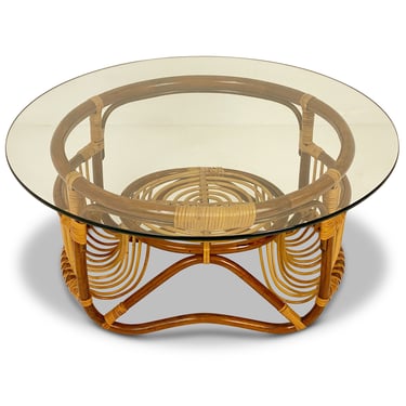 Rattan Coffee Table with Glass Top, Circa 1950s - *Please ask for a shipping quote before you buy. 