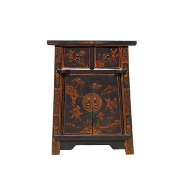 Chinese Rustic Black Copper Graphic End Table Nightstand cs7409E 