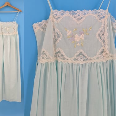 Vintage Seventies Bill Tice NOS Light Blue Empire Waist Nightgown - 70s Small Long Lace Spaghetti Strap Night Gown New Old Stock 
