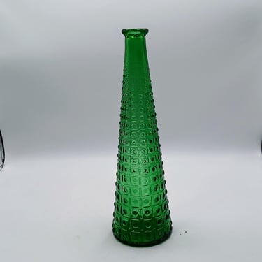 Vintage Empoli or Empoli Style Green Glass Genie Bottle, Made In Italy, MCM Emerald Decanter, Embossed Pressed Glass, 13