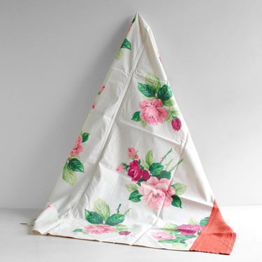 Vintage Red and Pink Rose Flower Fabric Panel or Tablecloth 53