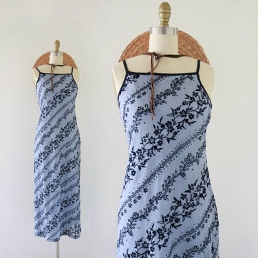 90s slip dress - xs/s - vintage 1990s blue two tone floral sleeveless womens extra small small stretch long 