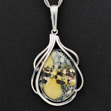 70's maligano jasper sterling waves pendant, big airy black yellow cab 925 silver singapore chain necklace 