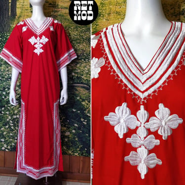 Lovely Vintage 70s Red Cotton Maxi Dress with White Embroidery by Tesoro's 