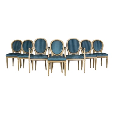 French Louis XVI Style Painted Dining Chairs W/ Striped Blue Velvet - Set of 8 