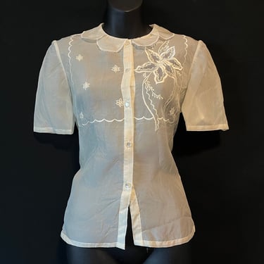 1970s sheer blouse off white floral embroidered medium 