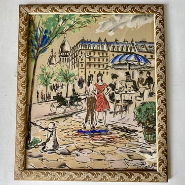 Mid Century Paris Street Scene Original Art, Signed By Artist P. Renard, Paris Street Cafe And Architecture, Gouache On Satin/Silk Chipboard 