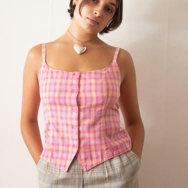 1980s LizSport Pink Madras Plaid Cotton Bodice Top 