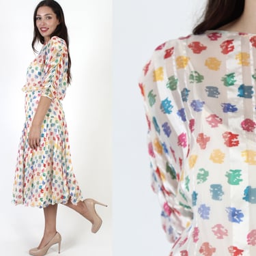 1980s The Silk Farm Rainbow Print Silk Dress, Confetti Polka Dot Party Outfit, Drop Waist Wear To Work Sundress 