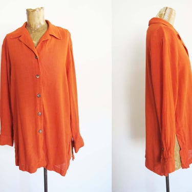 Vintage 90s Orange Long Sleeve Button Up Blouse S M - Baggy Linen Blend Solid Color Top - Oversized Linen Shirt 