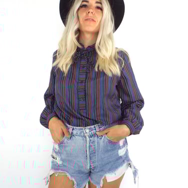 Vintage 80s Silky Tie Front Colorful Striped Blouse 