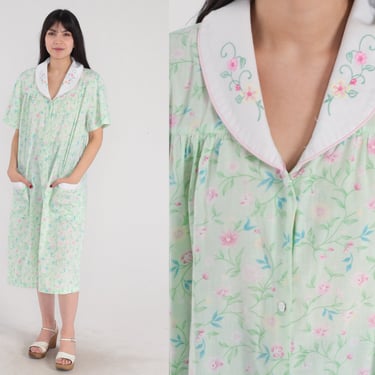 Floral Pajama Dress 70s Nightgown Midi Nightie Mini Retro Tent Snap Button Up Pajamas Green Embroidered Flower Print Vintage 1970s Medium M 