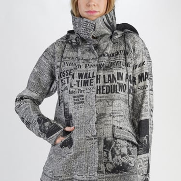 Newspaper Print High Funnel Neck Jacket with Removable Hood