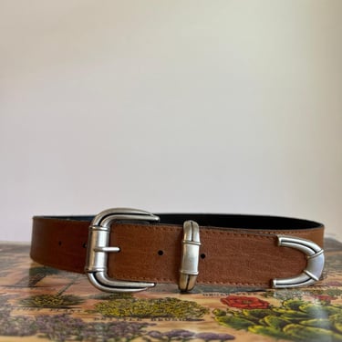 Vintage Tan Vegan Leather Silver Tipped Wide Western Belt - S/M 