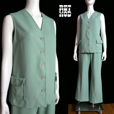 Smart Vintage 60s 70s Dusty Light Green Two-Piece Vest & Pants Set 