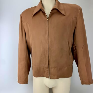 1950's RICKY Jacket - Brown Rayon Gabardine - Satin Lined - Slash Pockets - Men's Size Medium.. as is 