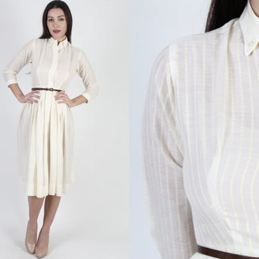 50s Classic Spectator Day Shirt Dress, Vintage Button Front Full Skirt Striped Mini 