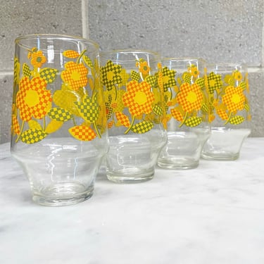 Vintage Hazelware Drinking Glasses Retro 1960s Mid Century Modern + Checker + Flower Print + Clear Glass + Set of 4 + RARE + Water Tumblers 