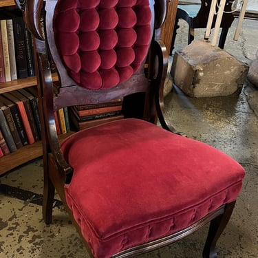 Carved Wood Red Velvet Upholstered Tufted Back Chair w/Castors