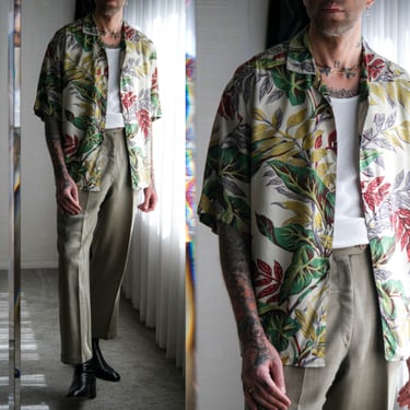 Vintage 90s Citron Santa Monica Earthtone Leaf Print Camp Collar Shirt | Made in USA | 100% Rayon | 1990s Designer Aloha Party Mens Shirt 