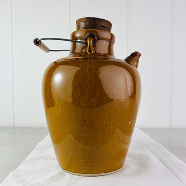 Antique 19th century Brown Glazed Stoneware Jug with Wire and Bamboo handle, Pour spout, two corks, Vintage farmhouse decor, gift 