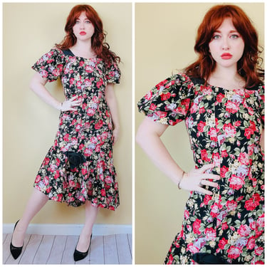 1980s Vintage Black and Pink Floral Wiggle Dress / 80s Puffed Sleeve Floral Rosette Mermaid Hem Cotton Dress / Large 