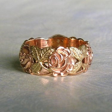 Vintage 14K Rose Gold and Green Gold ArtCarved Wide Band Ring, Vintage 14K Gold Floral Ring, 1940's Eternity Ring Band Size 7.50 (#4379) 