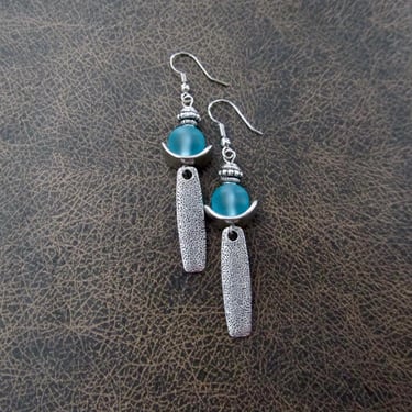 Mid century modern blue frosted glass and silver earrings 