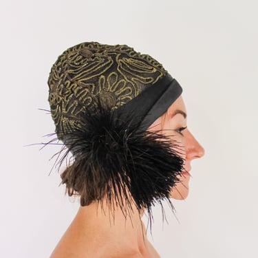 1920s Black Silk Embroidered Cloche Hat | 20s Black & Gold Soutache Cloche |  Flapper | Great Gatsby 