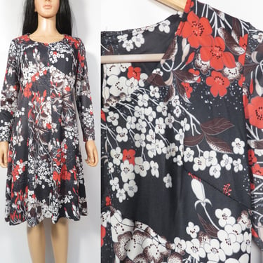 Vintage 70s Cherry Blossom Print Fall Tone Mini Dress Size M 