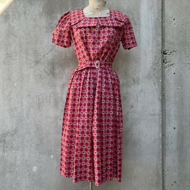 Vintage 1940s Pink Avocado Print Cotton Dress Ruched With Belt Plaid 1930s