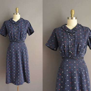 1950s dress | Navy Blue Circle Print Cotton Day Dress | Large | 50s vintage dress 