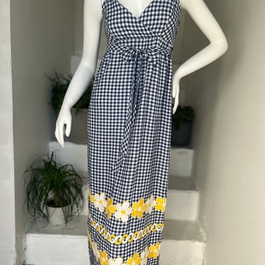 1970s Gingham and Daisy Embroidered Maxi 34 Bust Vintage 