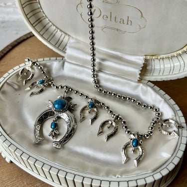 Vintage Polished German Silver &amp; Turquoise Squash Blossom Costume Necklace