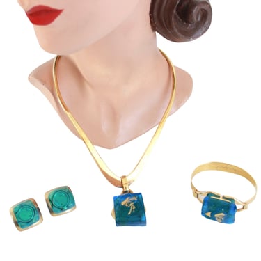 RARE Signed Jean Simon Labret REPOSE Colored Glass Parure - Vintage Jean Simon Labret Necklace Bracelet & Earring Set - Modernist Jewelry 