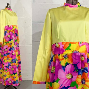 Vintage Mod Yellow Dress Pink Floral Mod 60s Fashion Maxi Long Sleeves Mockneck Twiggy Dopamine Dressing Medium Large 1960s 