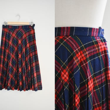 1970s/80s Navy and Red Plaid Pleated Skirt 