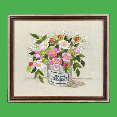 Vintage Floral Crewel 1970s Retro Size 14x16 Farmhouse + Yarn + Home Made Preserves Jar + Flower Embroidery + Kitchen Wall Art + Home Decor 