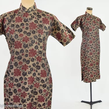 1950s Gold & Red Brocade Cheongsam Dress | 50s Burgundy Gold Floral Brocade Dress | Medium 