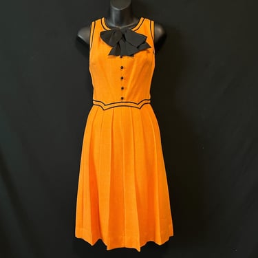 1960s pumpkin picker dress orange and black linen bow frock small 