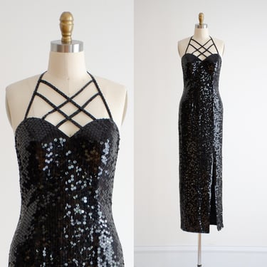 black formal dress 90s vintage Papell Boutique black sequin high choker collar sleeveless evening gown 