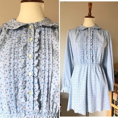 Vintage blue ditsy collared floral ruffle front long sleeve baby doll dress size small 