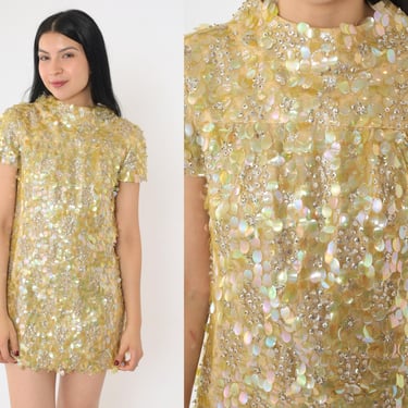 60s Gold Sequin Dress Lace Party Micro Mini Dress Mod Cocktail Iridescent Sequined 1960s Shift Vintage Short Sleeve Evening Extra Small xs 