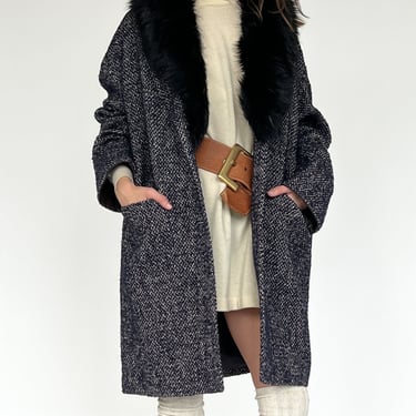 Navy Tweed Fur Collared Coat (L)