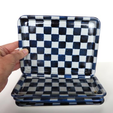 Set of 4 Blue and White Checkered Pottery Plates Small Trays By Ellen Currans 