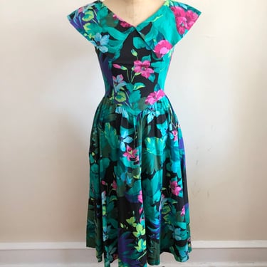 Multicolored Tropical Floral Print Cotton Party Dress - 1980s - By Lanz 