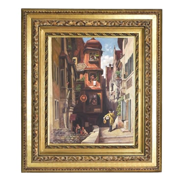 German Oil Painting Postman Delivering Gift and Letter signed L. Kaufmann 