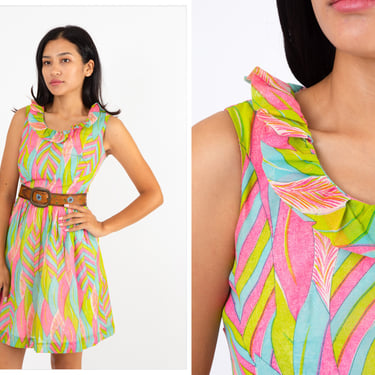Vintage 1960s 60s Technicolor Psychedelic Foliage Print Mini Dress w/ Ruffled Neckline, Flared Skirt 