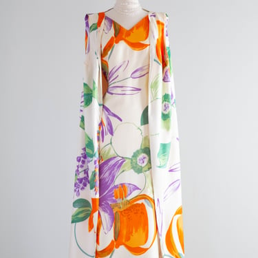 Spectacular 1960's Floral Print Gown With Matching Watteau Train Vest / L