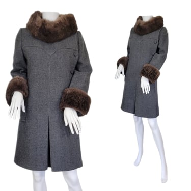 1960's Grey Wool Fur Trimmed Coat I Jacket I Sz Sm 